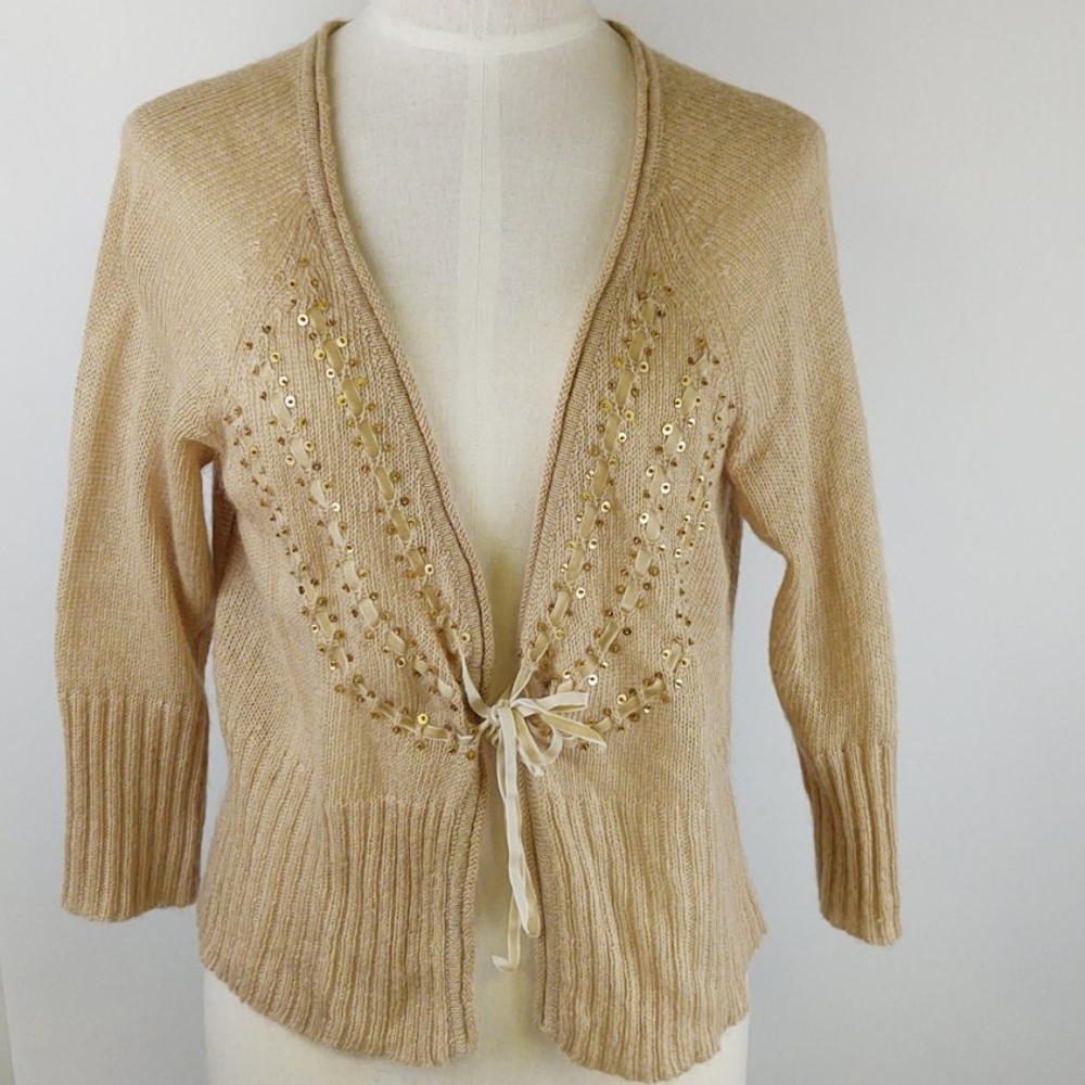 Mixit Tan Cardigan XL Petite Ribbons Sequins Beads